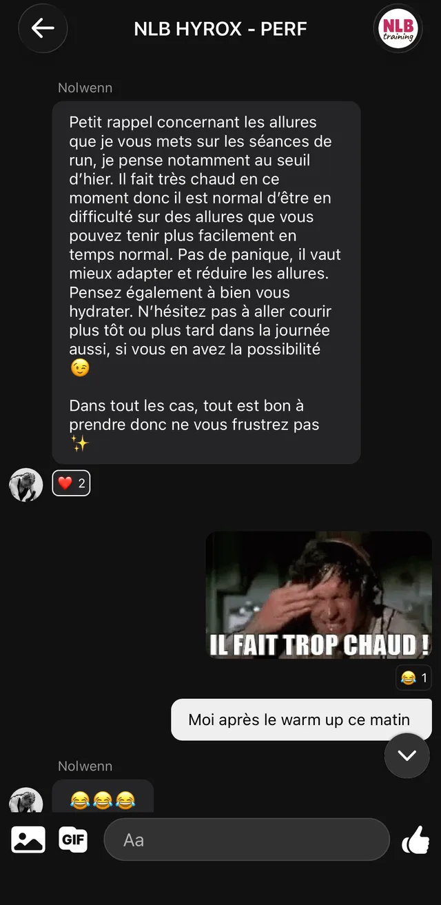 Dans le chat du groupe, un conseil de Nolwenn sur les allures par forte chaleur