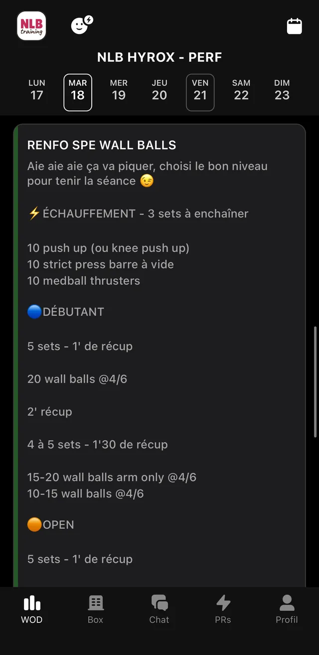 L'app affiche la séance du jour, renfo spé wall balls, écrite par Nolwenn avec trois niveaux